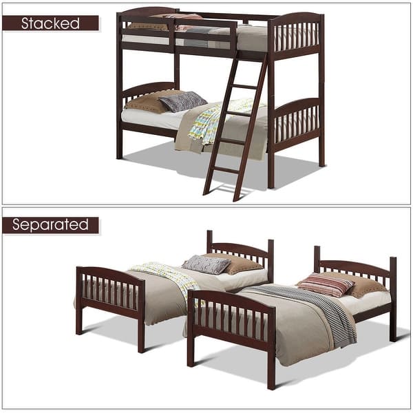 slide 2 of 10, Costway Wood Solid Hardwood Twin Bunk Beds Detachable Safety Rail Brown - Twin