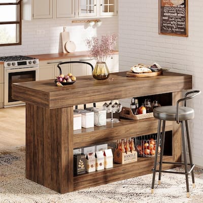 55-Inch Farmhouse Kitchen Island with Storage, 3-Tier Island Table with Large Countertop for Kitchen, Brown