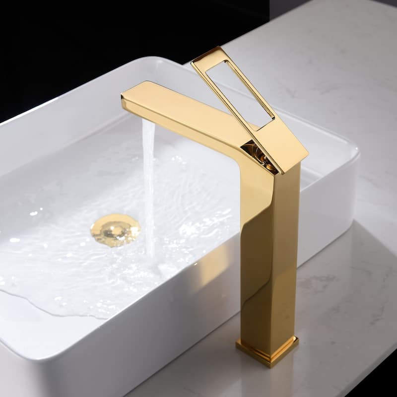 Polished Gold single handle bathroom basin faucet with pop up overflow brass drain - 7'6" x 9'6"