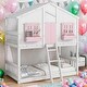 preview thumbnail 2 of 11, Twin over Twin House Bunk Bed with Roof , Window, Window Box, Door , with Safety Guardrails and Ladder, Pink/White