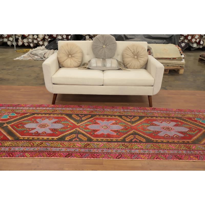 Hand Knotted Oriental 100% Wool Carpet Traditional Geometric Red Meshkin Runner Rug - 10' 2'' X 3' 9''