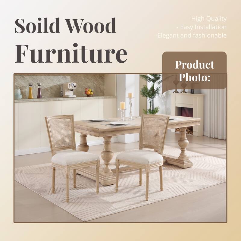 French Dining Chairs Set of 2, Upholstered Chairs with Nature Rattan T-shaped Back, carving techniques ,Disassemblable