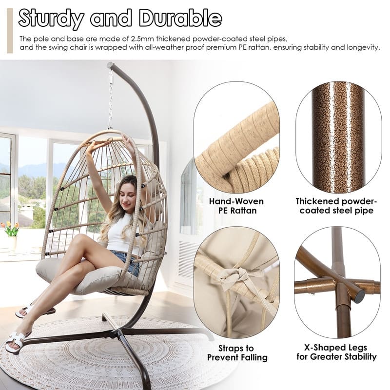 Oversized Hanging Egg Chair with Stand, Indoor Outdoor Swing Chair, 350 lbs Capacity Cozy Rattan Lounge