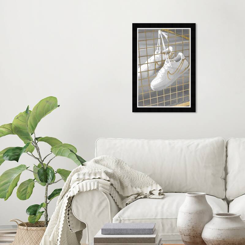 Wynwood Studio Canvas Fashion and Glam Golden Fence Sneakers White and Metallic Gold Modern & Contemporary Wall Art Canvas Print - Black