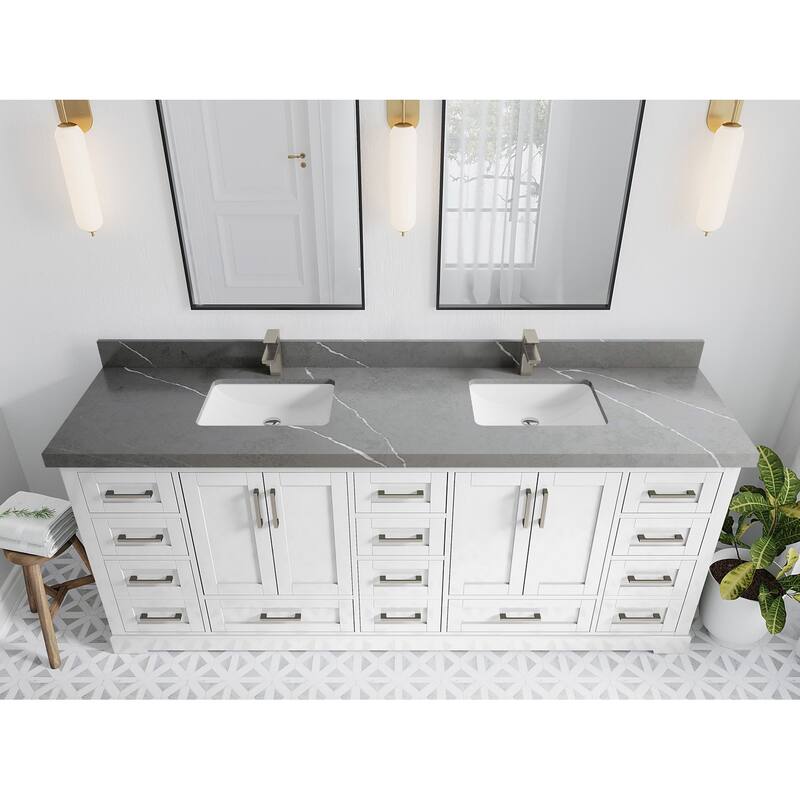 Willow Collection 84 in W x 22 in D x 36 in H Boston Double Bowl Sink Bathroom Vanity with Countertop - 2"Piatra Gray - White