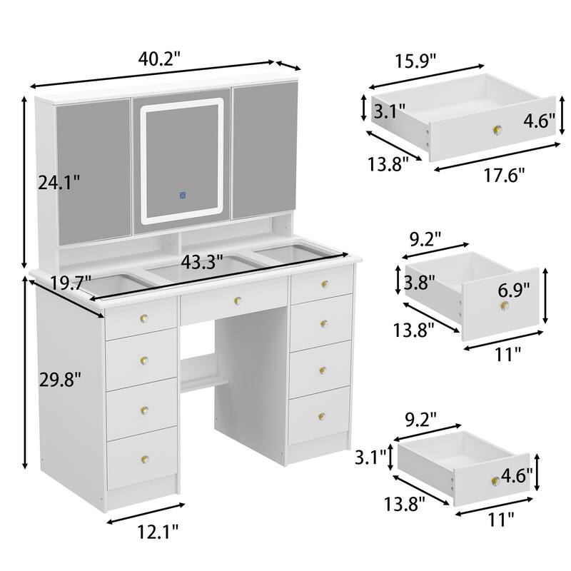 Vanity Desk with Lights, Makeup Vanity with Lights 3 Colors,9 Drawers - 53.9"H
