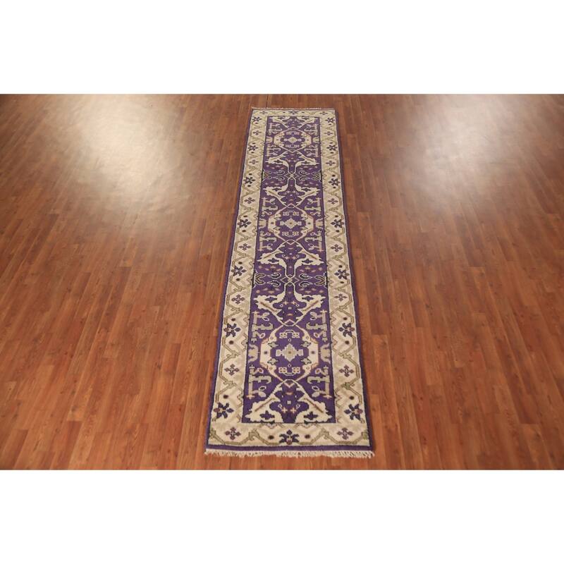 Purple Oushak Oriental Runner Rug Hand-Knotted Wool Carpet - 2'7" x 10'0"