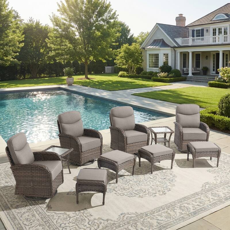 Pocassy Outdoor Wicker Patio Sofa with Swivel Chair Ottoman Sets - Brown Wicker Gray Cushion - 10-Piece Swivel Chair with Ottoman