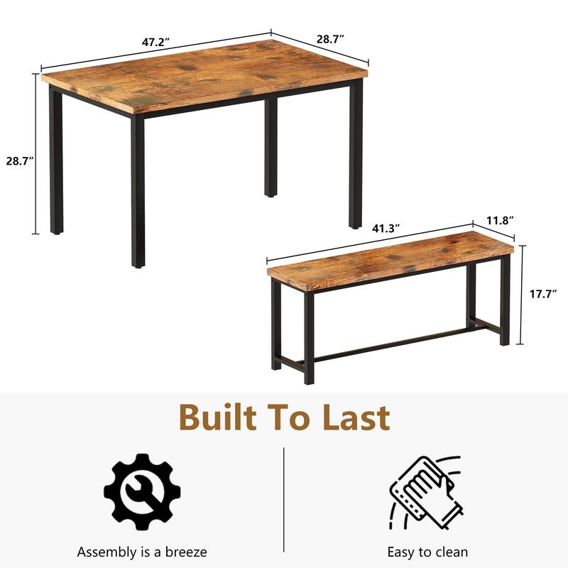 Dining Table Set with Two Benches, Kitchen Table Set for 4 Persons