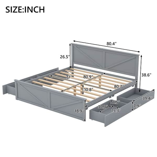 dimension image slide 2 of 4, Wooden Bedframe with Four Storage Drawers and Support Legs, Platform Bed - No Box Spring Needed, for Kids Teens Bedroom