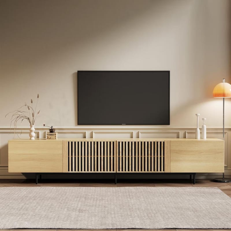 Stylish mid-century modern TV stand for up to 80" TVs. Ample storage for media devices, cable management. easy assembly.