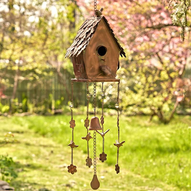 Antique Copper Hanging Birdhouse Wind Chimes "Cottage" - Gold