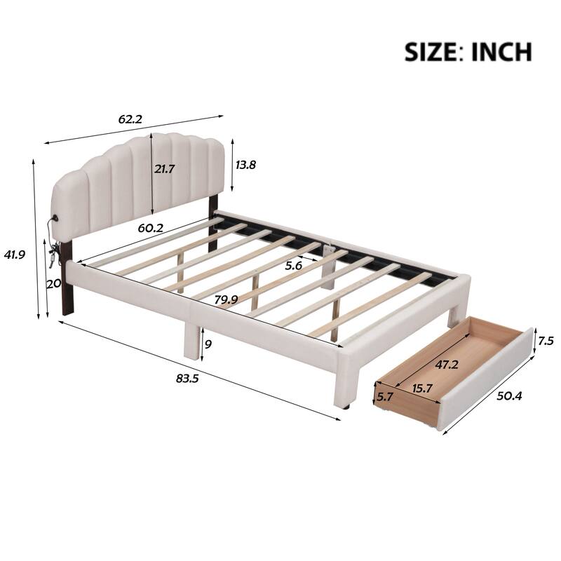Queen Size Teddy Fleece Upholstered Platform Bed with LED Lights & USB Ports, Beige