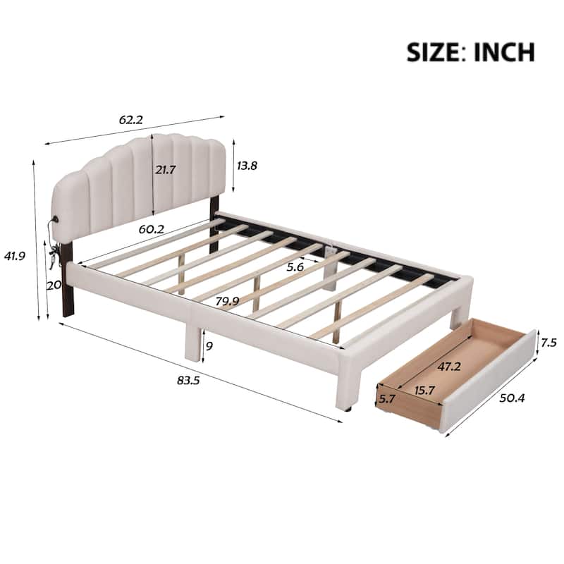 Teddy Fleece Queen Size Upholstered Platform Bed with Drawer, Wood Bed ...