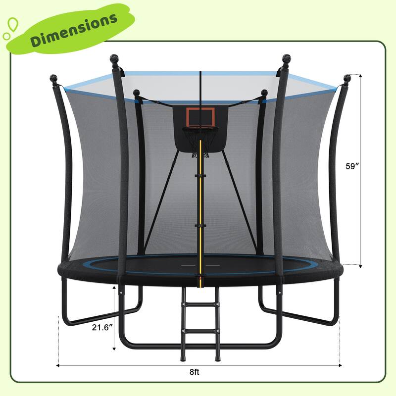 Kids Recreational Trampoline - Safety Enclosure Net, Ladder, Outdoor Backyard Fun - Black - 96