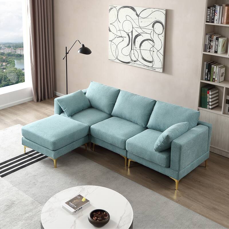 92'' Fabric L-Shape 3-Seater Sofa with Ottoman, Gold Metal Legs, and Toss Pillows