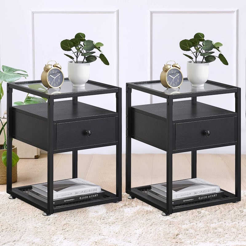 VECELO Modern Square Nightstands Set of 2 with Tempered Glass Top - Black