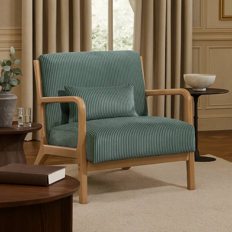 Jerime Accent Chair, Sage Green Corduroy Fabric, 1 Pillow, Brown Wood