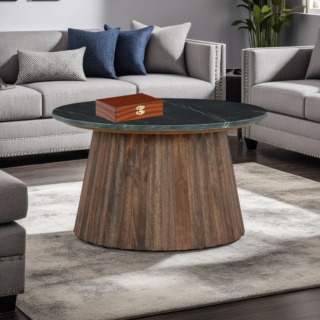 Ceil Cocktail Coffee Table, 26 Inch Fluted Flared Base, Black Marble