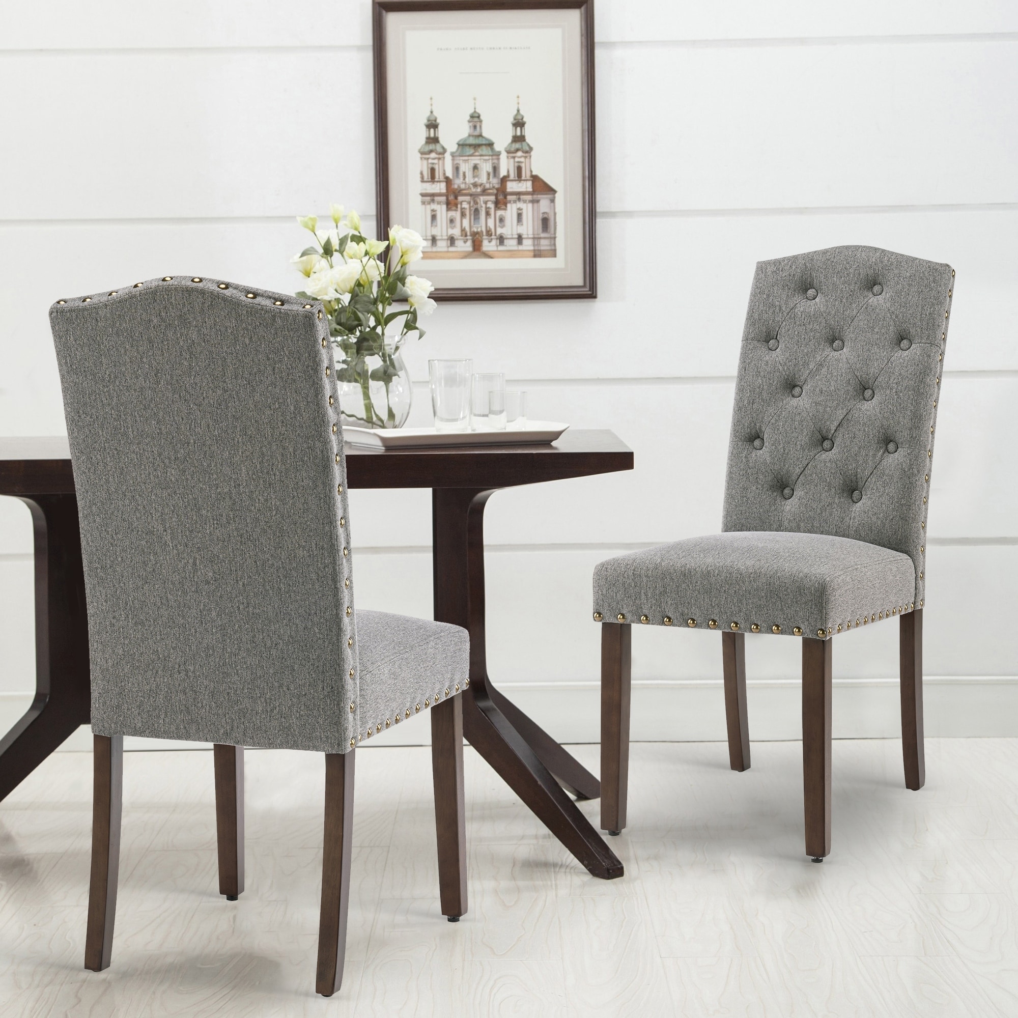 Fabric Upholstered Tufted High Back Dining Chairs with Nailhead