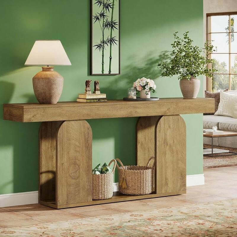 Brown MDF Console Table with U-Shaped Base and Rustic Farmhouse Design - 70.87” L x 11.81” W x 33.46” H