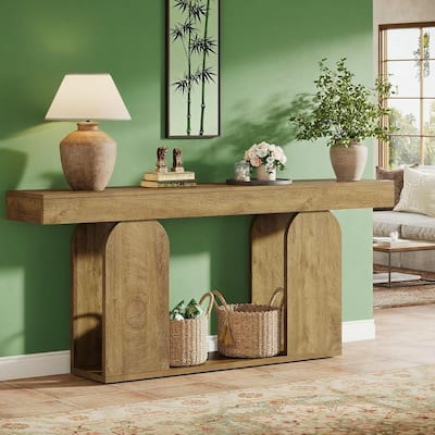 Brown MDF Console Table with U-Shaped Base and Rustic Farmhouse Design - 70.87” L x 11.81” W x 33.46” H