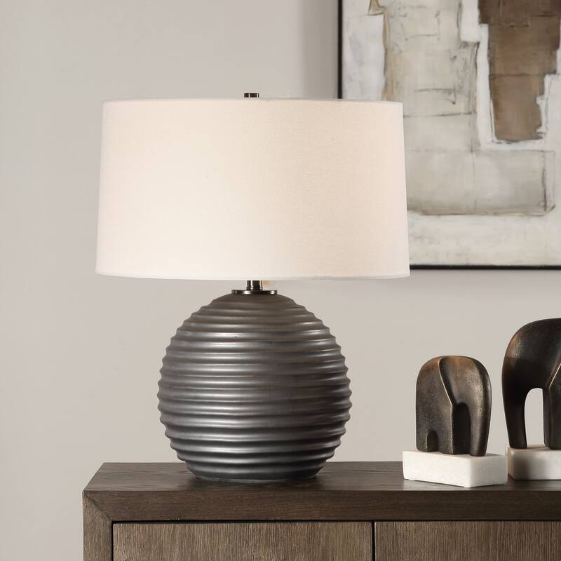 Ribbed Texture Ceramic Table Lamp with White Drum Shade - 22" - Gray