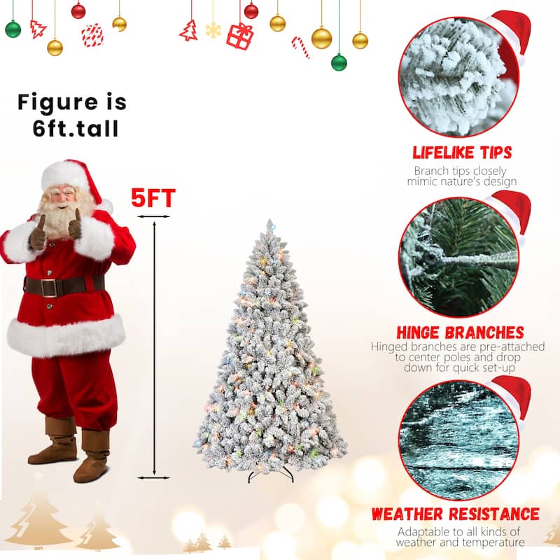 Pre-Lit Flocked Christmas Tree - Colorful UL Lights, Pine Cones, Snowy PVC Tips, Hinged Branches, Metal Stand - Green,White