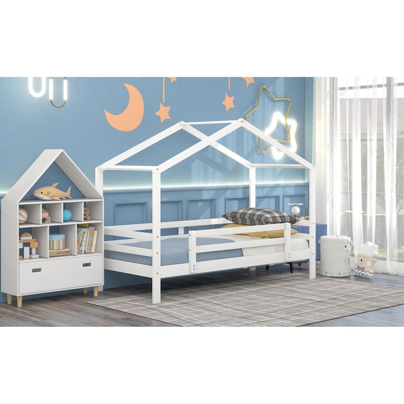 Twin Over Twin Bunk Bed with Roof, Slide and Ladder, White