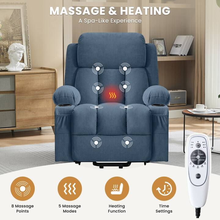 Power Lift Recliner with Heat & Massage USB Side Pockets for Elderly