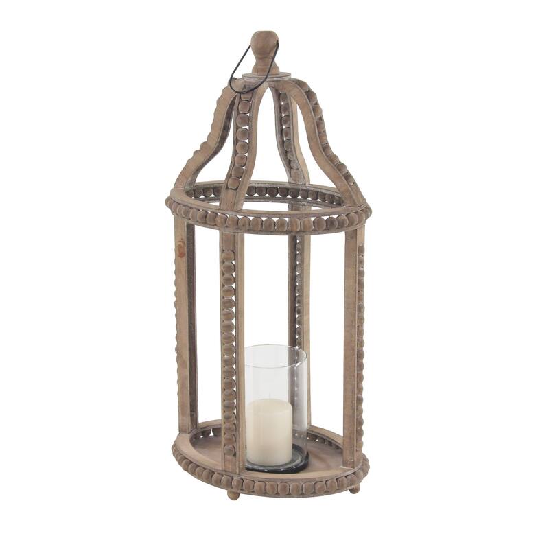 Brown Reclaimed Wood Beaded Decorative Indoor Outdoor Candle Lantern