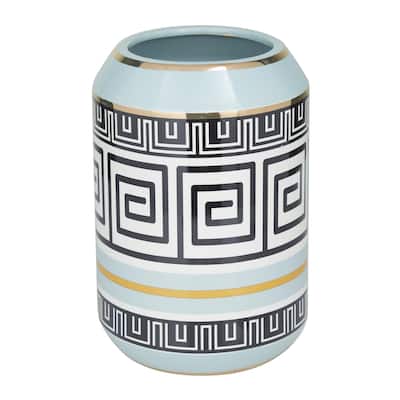 Ceramic Decorative Vase with Greek Knot Pattern - Teal - Roche River Decor