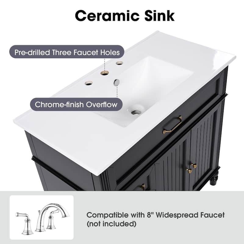 36" Bathroom Vanity with Sink,Drawers, Solid Frame and MDF Board