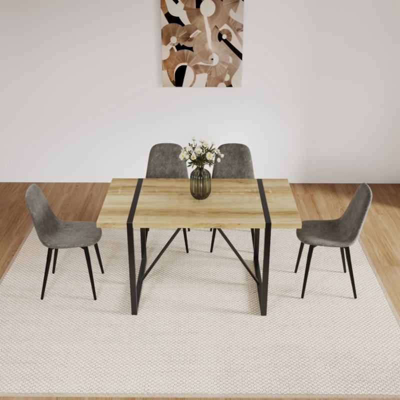 MDF Wood Colour Dining Table and Modern Dining Chairs Set of 4,Metal Base & Legs, Dining Room Table and Linen Chairs - Natural+Grey