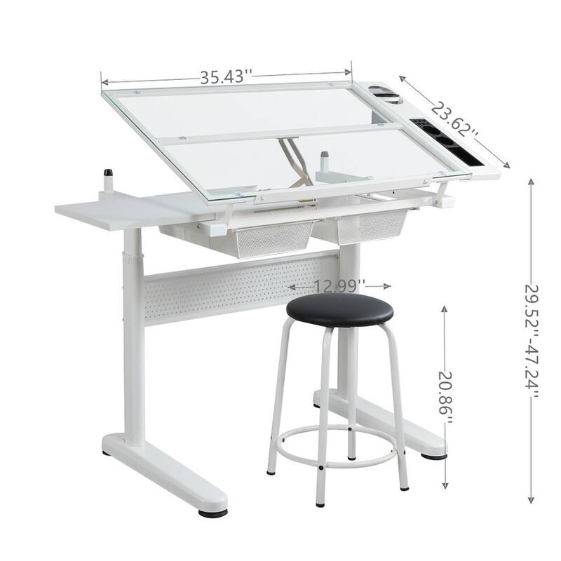 Hand crank adjustable drafting table drawing desk with 2 metal drawers WITH STOOL