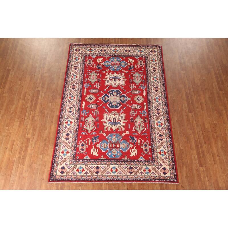Red Geometric Kazak Area Rug Hand-Knotted Living Room Wool Carpet - 6'8" x 9'9"