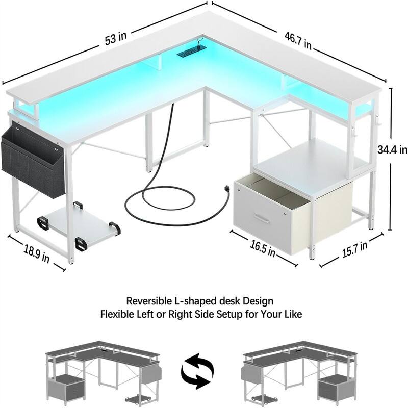 L Shaped Desk with Power Outlet and LED Strip