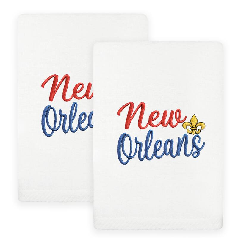 Authentic Hotel and Spa Mardi Gras NEW ORLEANS Embroidered Luxury 100% Turkish Cotton Hand Towels Set of 2 - White
