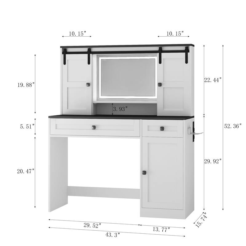 White Dressing Table with LED Mirror, 43" Farmhouse Makeup Vanity with Storage Cabinet & Hair Dryer Shelf