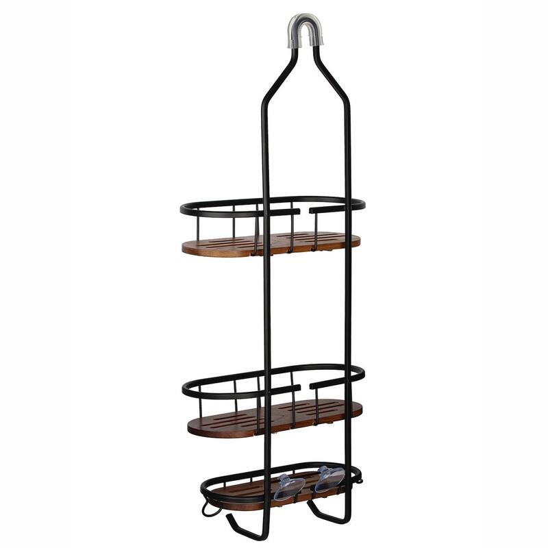 Utopia Alley Tia Rustproof Teak Overhead Shower Caddy with 3 Shelves, Hanging Shower Head Organizer, Black & Chrome Finish