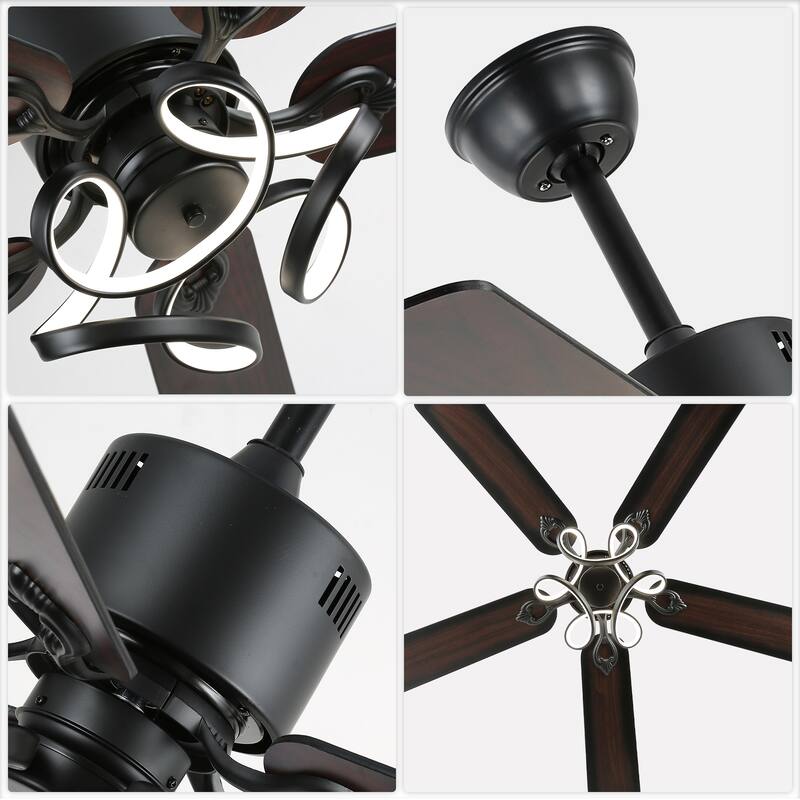 CurveCurio 52" Classic Solid Wood Ceiling Fan 3 Color Dimmable LED Light Kit & 6 Speed Quiet DC Motor w/ Remote Control