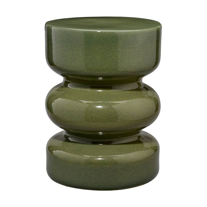 Ruo Patio Garden Stool End Table, Hourglass Body, Glossy Green Ceramic