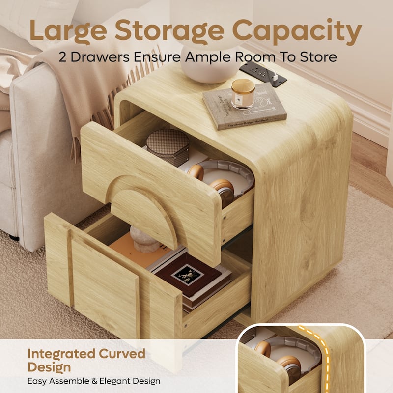 Bestier - Nightstand with 2 Drawers, Charging Station & Arched Design, Embossed Bedroom End Table for Bedroom - Set of 2