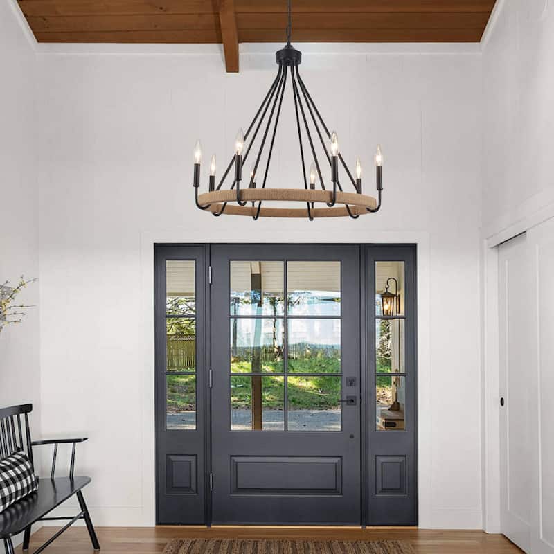 8-Light Hanging Candlestick Wagon Wheel Chandelier Hemp Rope Linear Chandelier Lighting for Kitchen Island