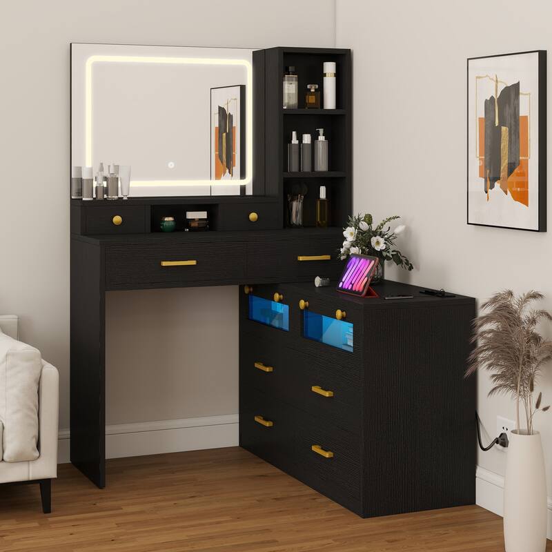 Moasis 65" Makeup Vanity Desk with 10 Drawers, RGB LED Mirror and Charging Station