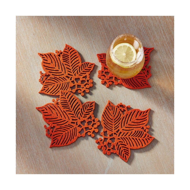 Leaf Berry Coaster Set - Terracotta Orange Fall Harvest Coasters for Bar - 5.4" x 5.4" x 0.2" - Spot Clean