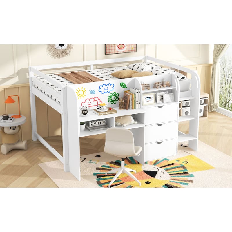 Roomfitters Full Low Loft Bed with Integrated Desk, Bookcase, Cabinets and Whiteboard, White