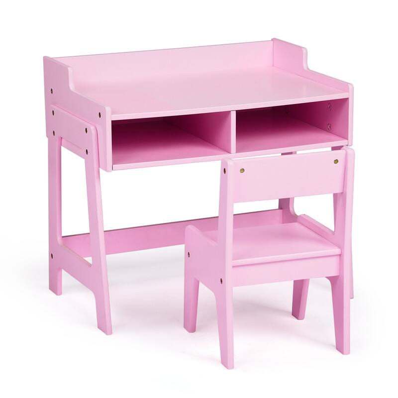 MDF Children's Study Desk And Chair Set With 2 Storage Compartments - Pink