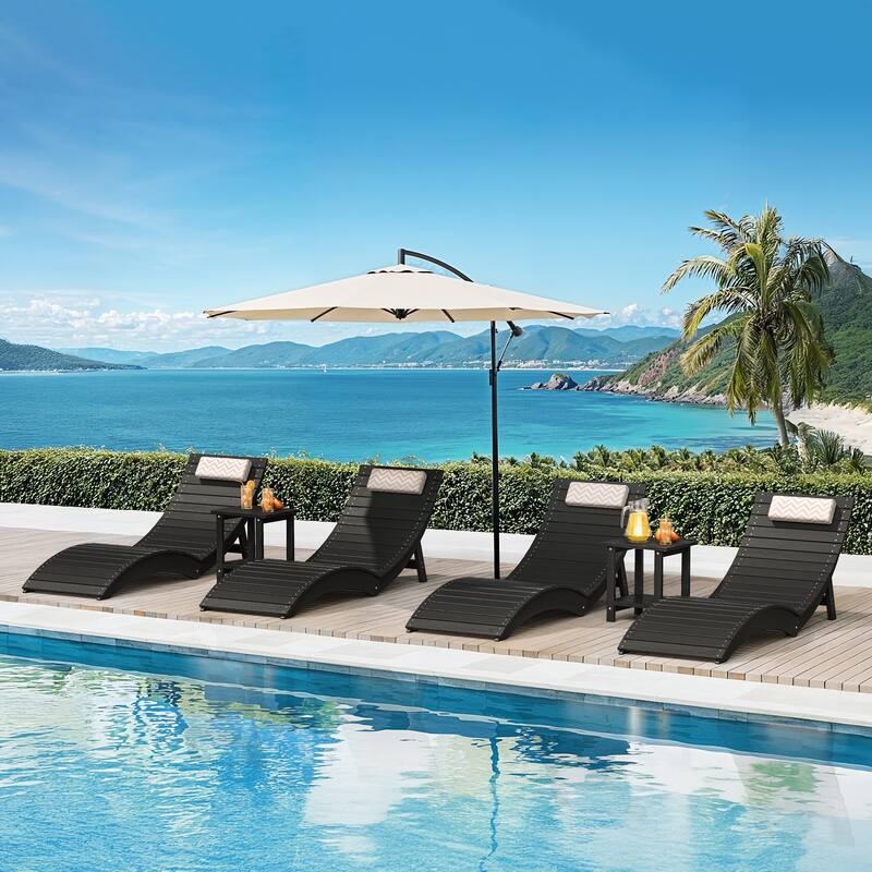 Folding HDPS Plastic Outdoor Pool Chaise Lounges Lounge Chair Outdoor with Headrest Cushions - Black/4 Set