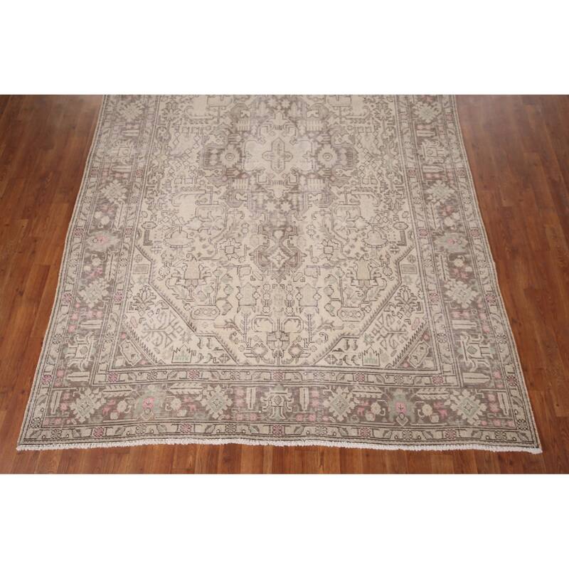 Distressed Tabriz Vintage Persian Rug Handmade Medallion Wool Carpet - 6'5" x 9'2"